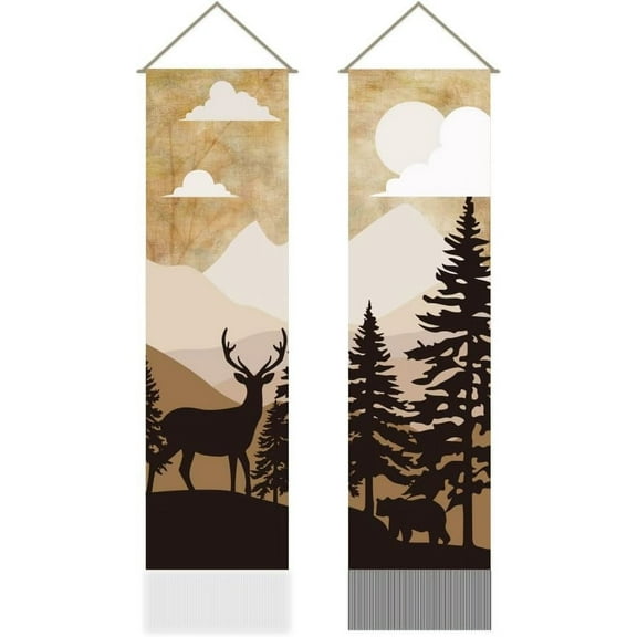 2Pcs Forest Deer & Bear Tapestry Retro Forest Scenery Long Vertical Tapestry Wall Hanging Tassel Tapestry for Bedroom Living Room Coffee Home Décor(45.7x13 Inch)