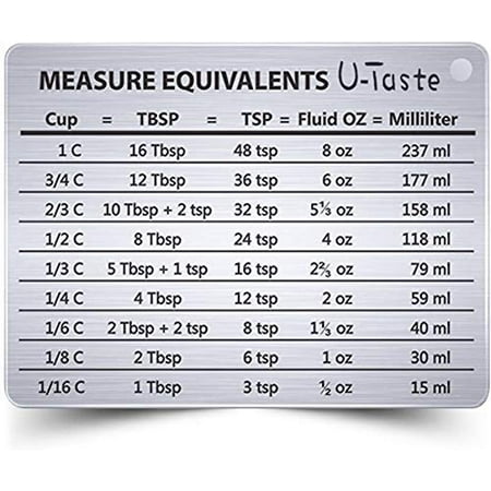 

U-Taste Professional Measurement Conversion Chart Refrigerator Magnet in 18/8 Stainless Steel Conversions for Cups Tablespoons Teaspoons Fluid Oz and Milliliters