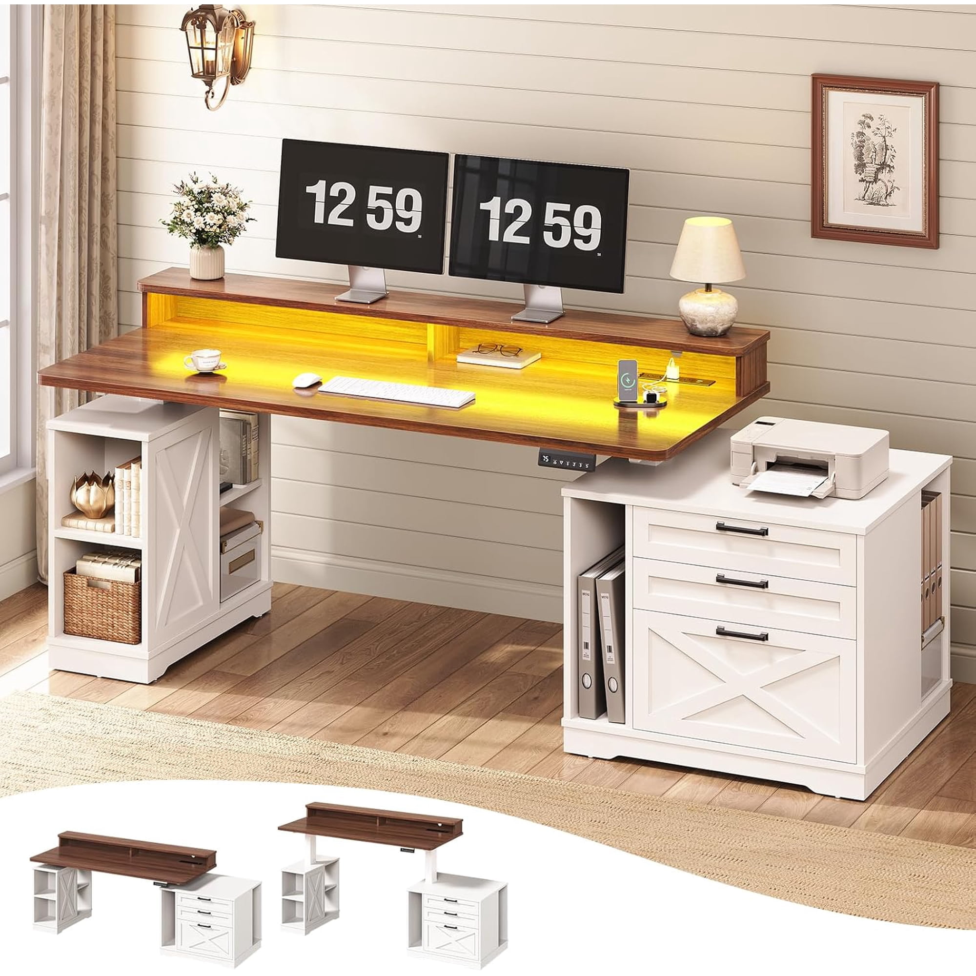 55" Farmhouse Electric Standing Desk with 3 Drawers and Storage Shelves, Height Adjustable Computer Desk for Home Office, Study Writing Table