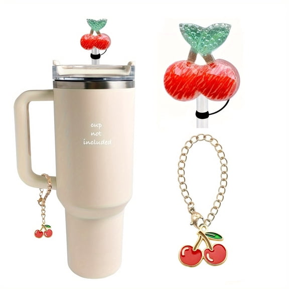 Cherry Charms Accessories for Cup, 3D Cherry Straws Toppers 10mm Cute Reusable Silicone Covers Fruit Set for 40 30oz Tumbler Handle Water Bottle Decorations (Cup Not Included)