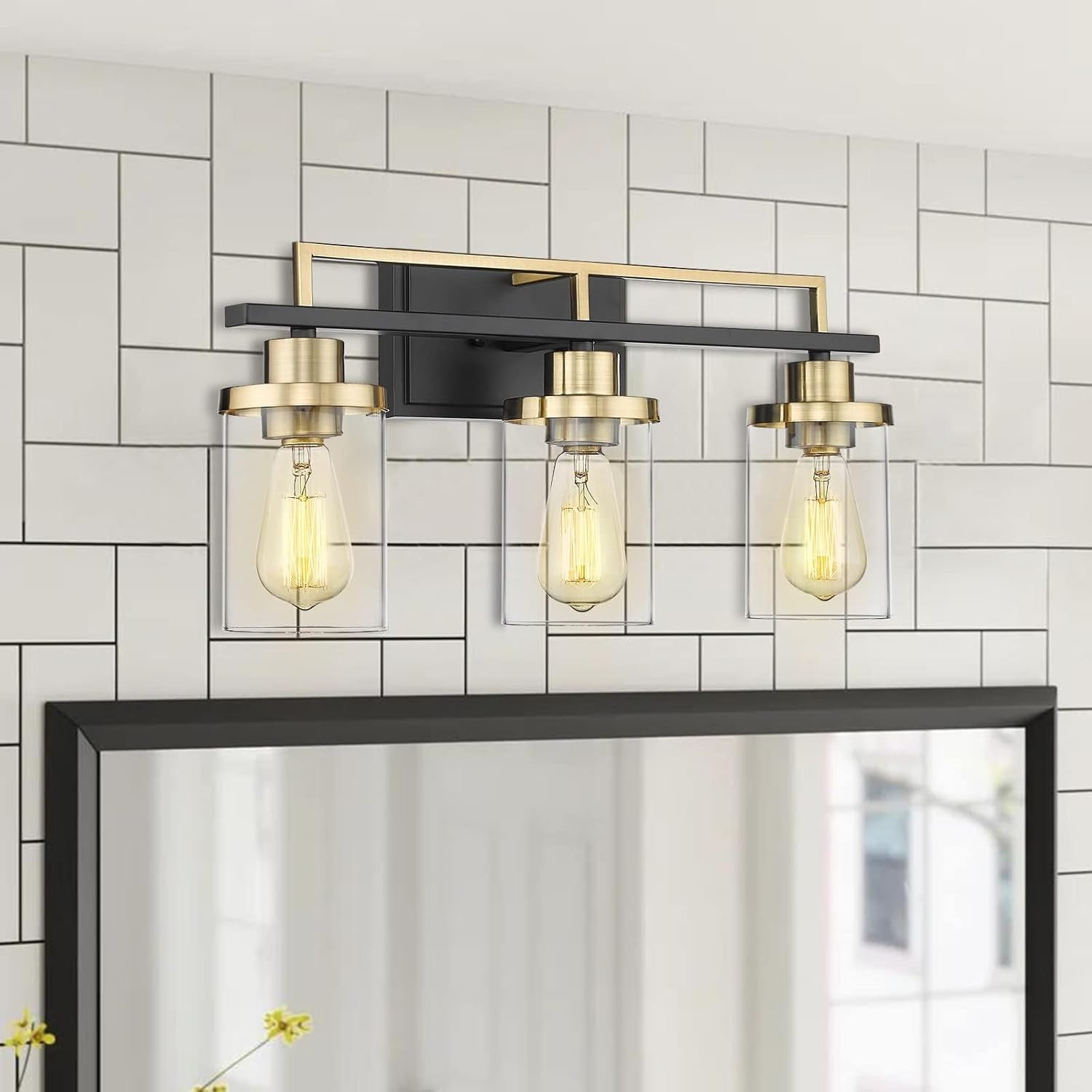 Emliviar 3 Light Bathroom Vanity Light Fixtures, Black and Gold Finish with Clear Glass, YCE238B-3W BK+BG