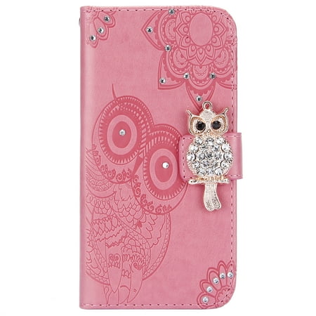 Hpory for Huawei P8 lite 2017 pink embossed owl point drill leather case with lanyard