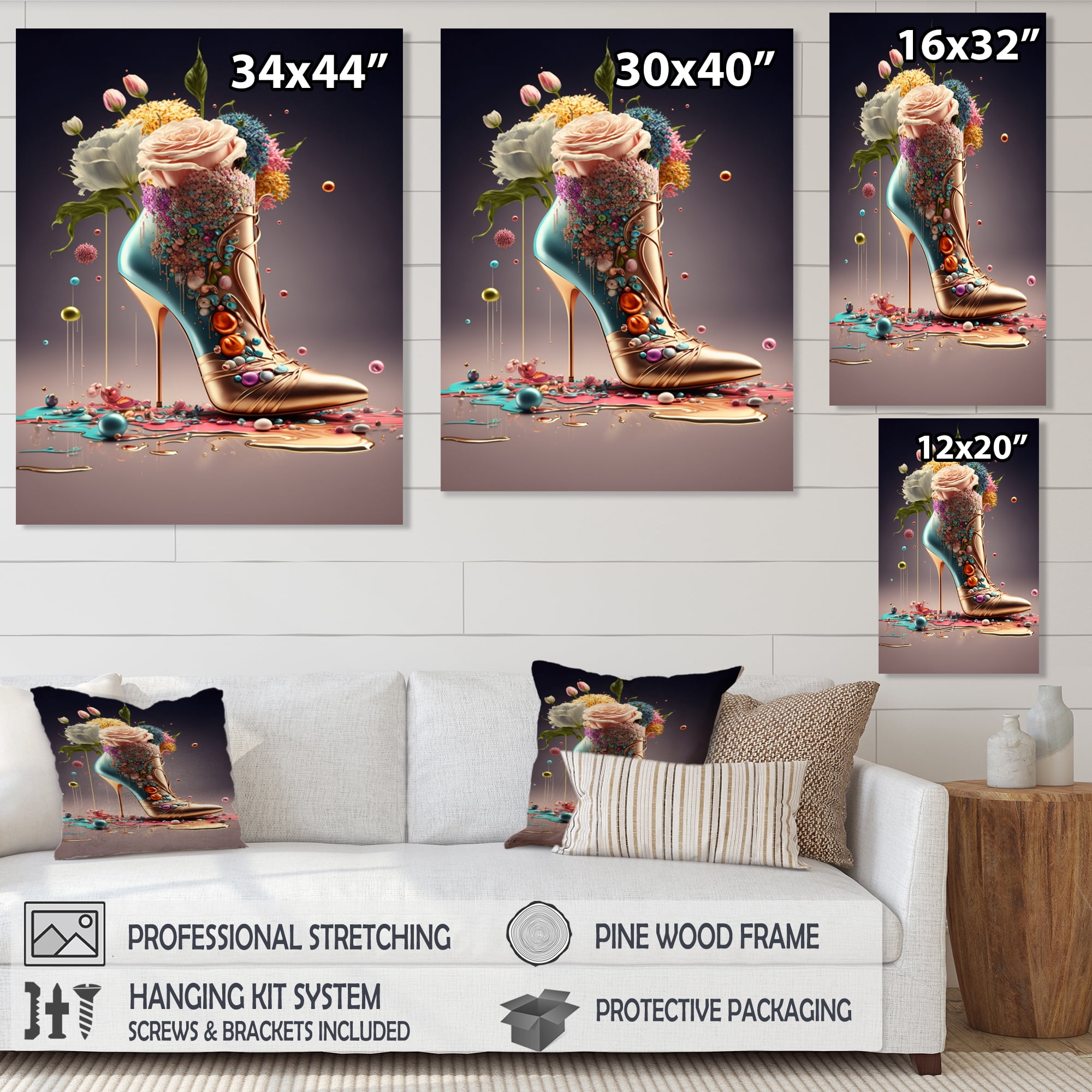 Designart Gold Floral High Heel Shoes II Canvas Wall Art