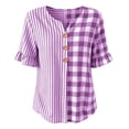 thumbnail image 4 of Womens Cotton Linen Tops Summer Elbow Length Sleeve Tshirts for Women Striped Plaid Printed Ruffled Button V Neck Top, 4 of 6