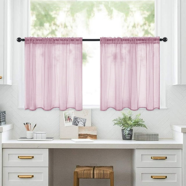 Xiao Hua Cortina pequeña de gasa fina, impermeable, semiopaca, de color sólido, para decoración de cocina y baño, 2 piezas, 29,9 x 36,22 pulgadas, color rosa