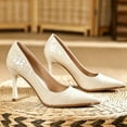 thumbnail image 2 of Gpaecead Women's Embossed Pointed Toe Stiletto Pumps Patent Leather Elegant Cushioned Dress Heels For Office Wedding Party White, 2 of 6