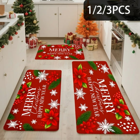3PCS Kitchen Mat set,Welcome Door Flannel Rug,Home Decor for Front Door,Kitchen, Bathroom,Merry Christmas Snowflakes Red Green ,Gifts for family and friends.