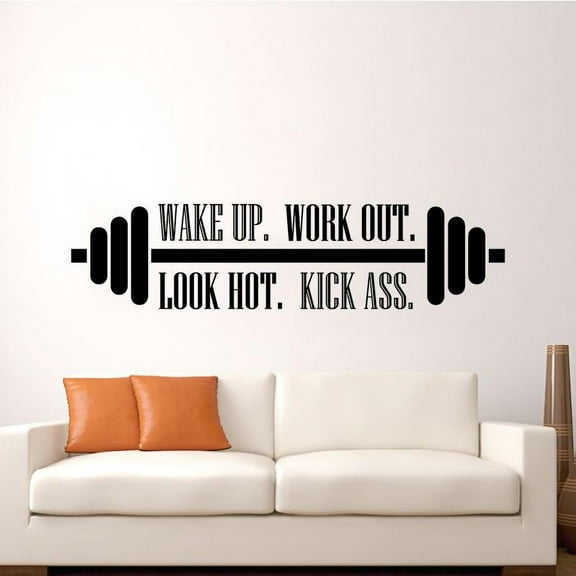 Wake Up. Work Out. Look hot. Kick Ass. Exercise Workout Quote Motivation Fitness Inspiration Silhouette Vinyl Wall Art Sticker Decal Home Gym Workout Area Fitness Sticker Decoration Size(12x30 inch)