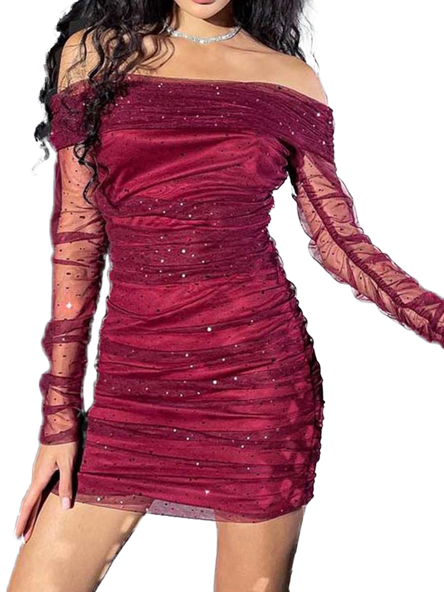 Glitter Ruched Off-Shoulder Mesh Sleeve Mini Dress