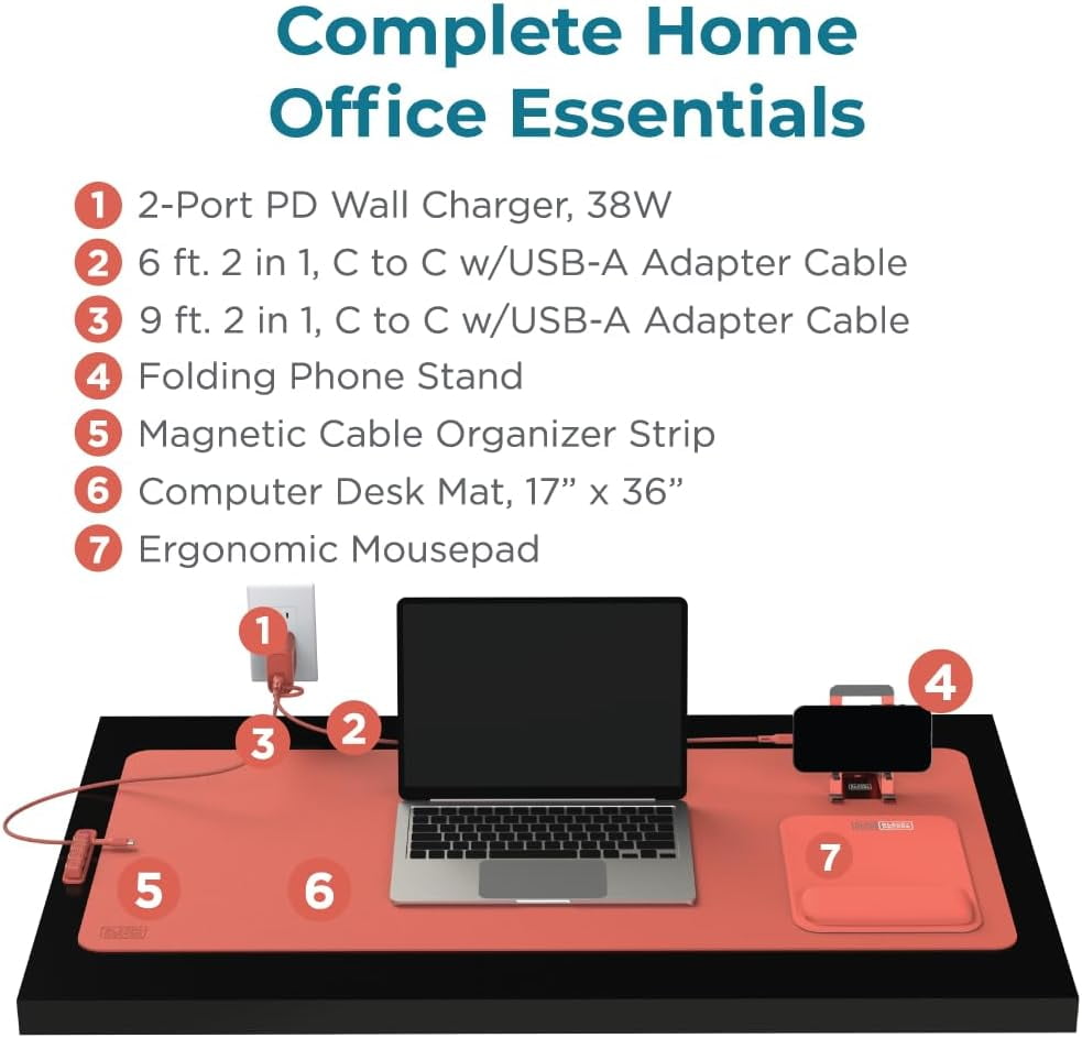 BLACK+DECKER Home Office Kit, 7 PCS Set, Desk Pad, 2-Port PD Charger, Ergonomic Mouse Pad, Phone Stand, Combo Cables, Cable Organizer, Workspace Accessories Perfect for Work-from-Home (Coral Rose)