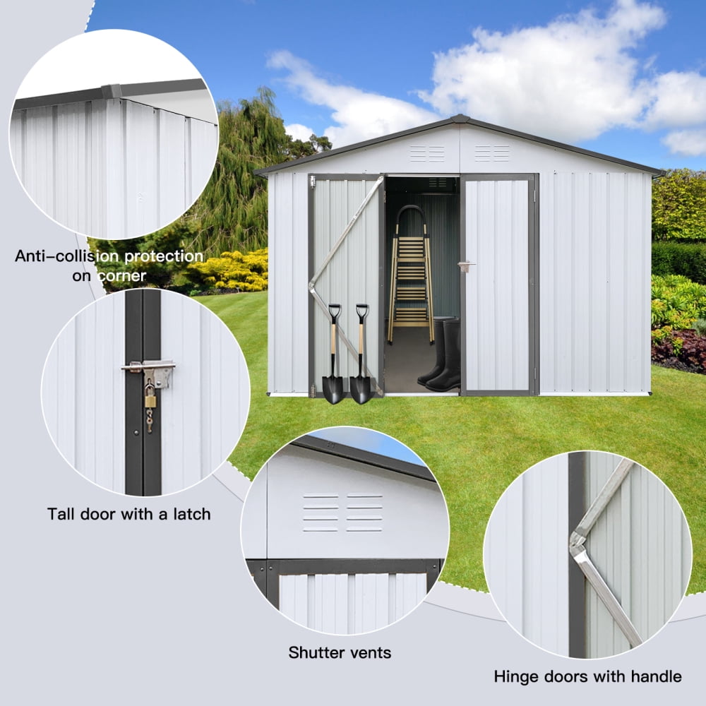 Sleek White & Grey 10ft x 12ft Metal Garden Shed – The Ideal Outdoor Storage Solution! Enjoy Ample Space and Stylish Design to Keep Your Tools and Garden Gear Organized and Protected!