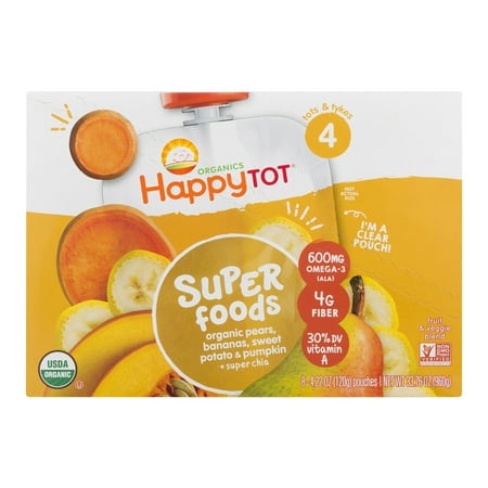 (8 Pouches) Happy Tot Super Foods Organic Pears, Bananas, Sweet Potato & Pumpkin + Super Chia Baby Food, 4.22