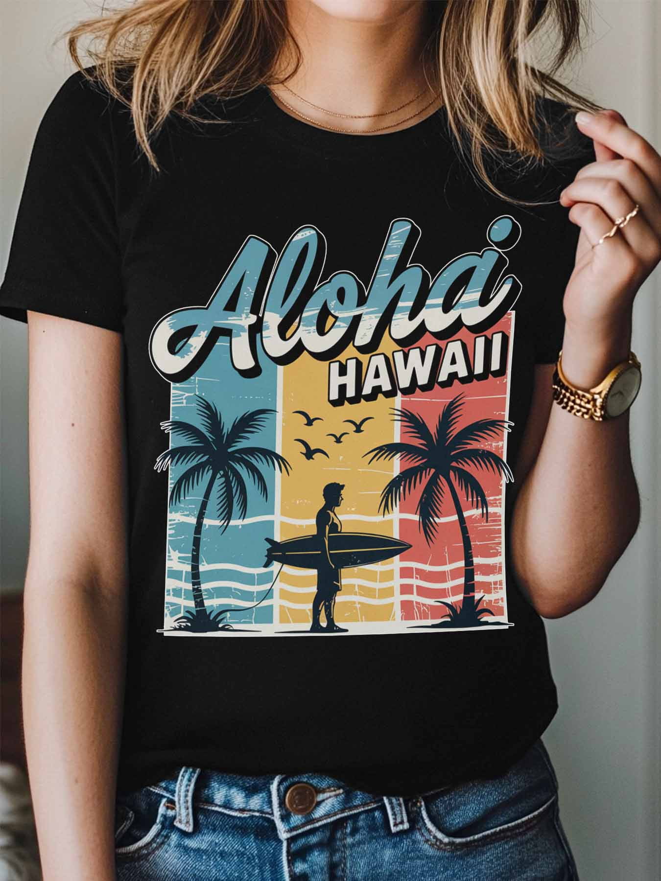 Women's T-Shirt Aloha Hawaii Retro Beach Surfing Vacation Short Sleeve Casual Tee Classic Crew Neck T Shirt for Women Black, M