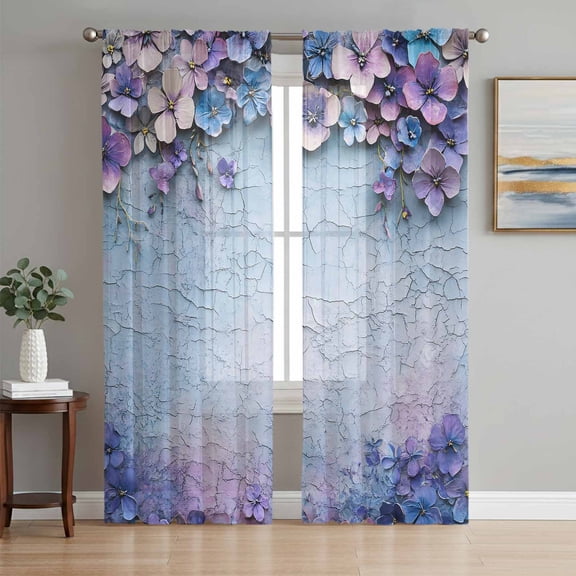 Purple Flowers Sheer Curtains 63 Inch Length 2 Panels Set, Vintage Blue Mottled Walls Pastoral Voile Window Treatment Rod Pocket Curtains Sheers Drapes for Bedroom/Living Room/Kitchen 52x"63"x2