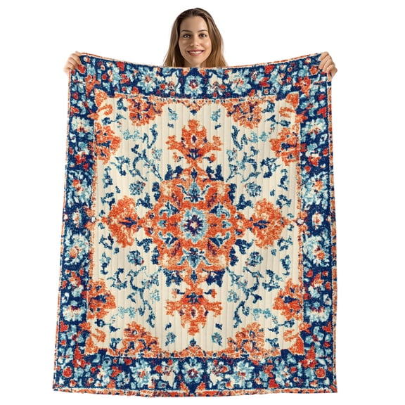 Orange Blue Ethnic Throw Blanket, Flannel Fleece Blanket with Striped Design for Couch, Boho Vintage Geometric Art Soft Breathable All Season Plush Blankets for Sofa Office Travel 40"x50"