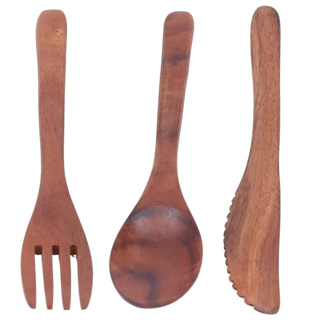 Fosa Ensemble de 3 Pcs Vaisselle en Bois Naturel Réutilisable Fourchette Cuillère Couverts Écologique
