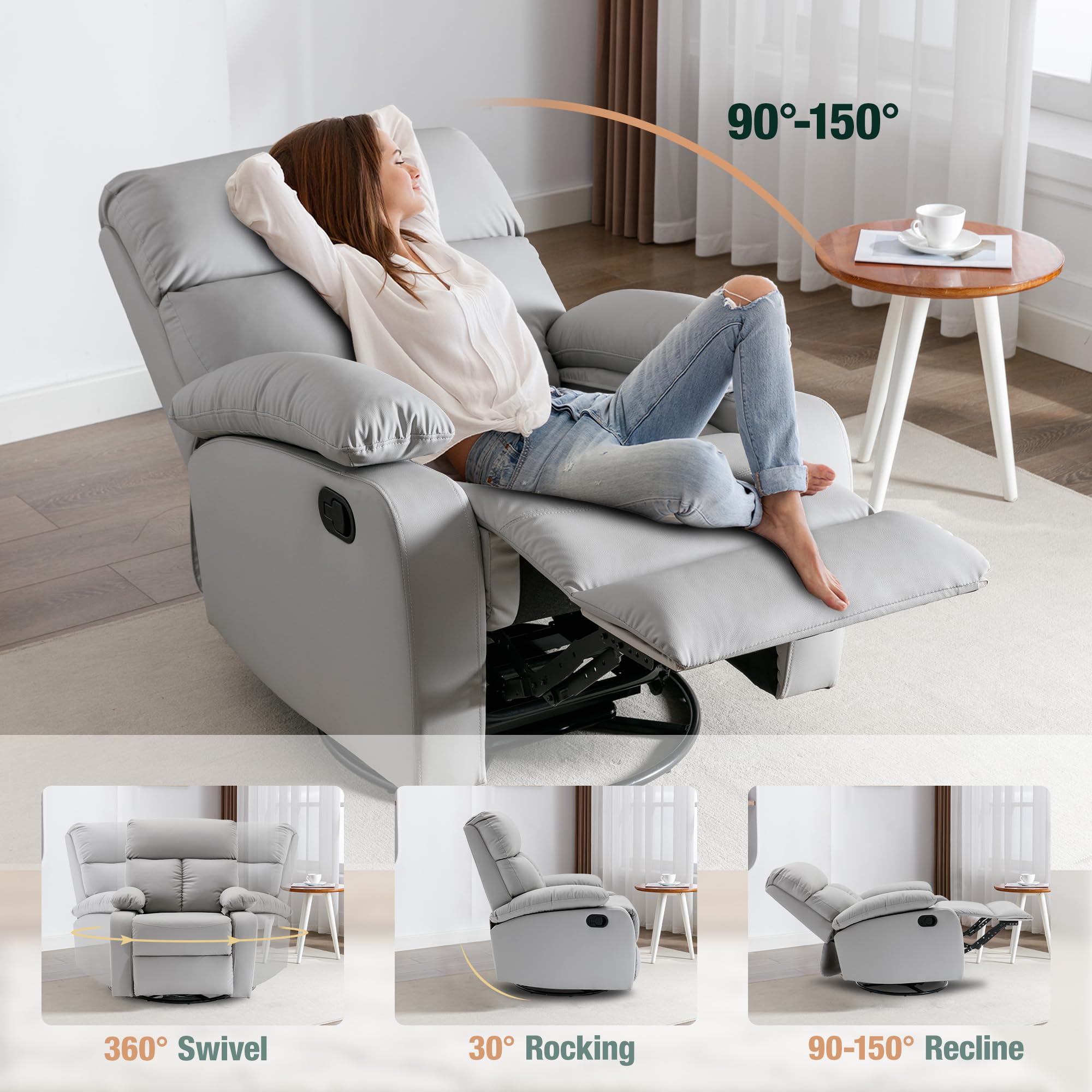 2 Pcs Gray Ergonomic Swivel Recliner Chair for Living Room, Manual Rocking Recliner with 360° Rotation, Soft Fabric Lounge Chair for Reading, Movie Nights and Relaxing