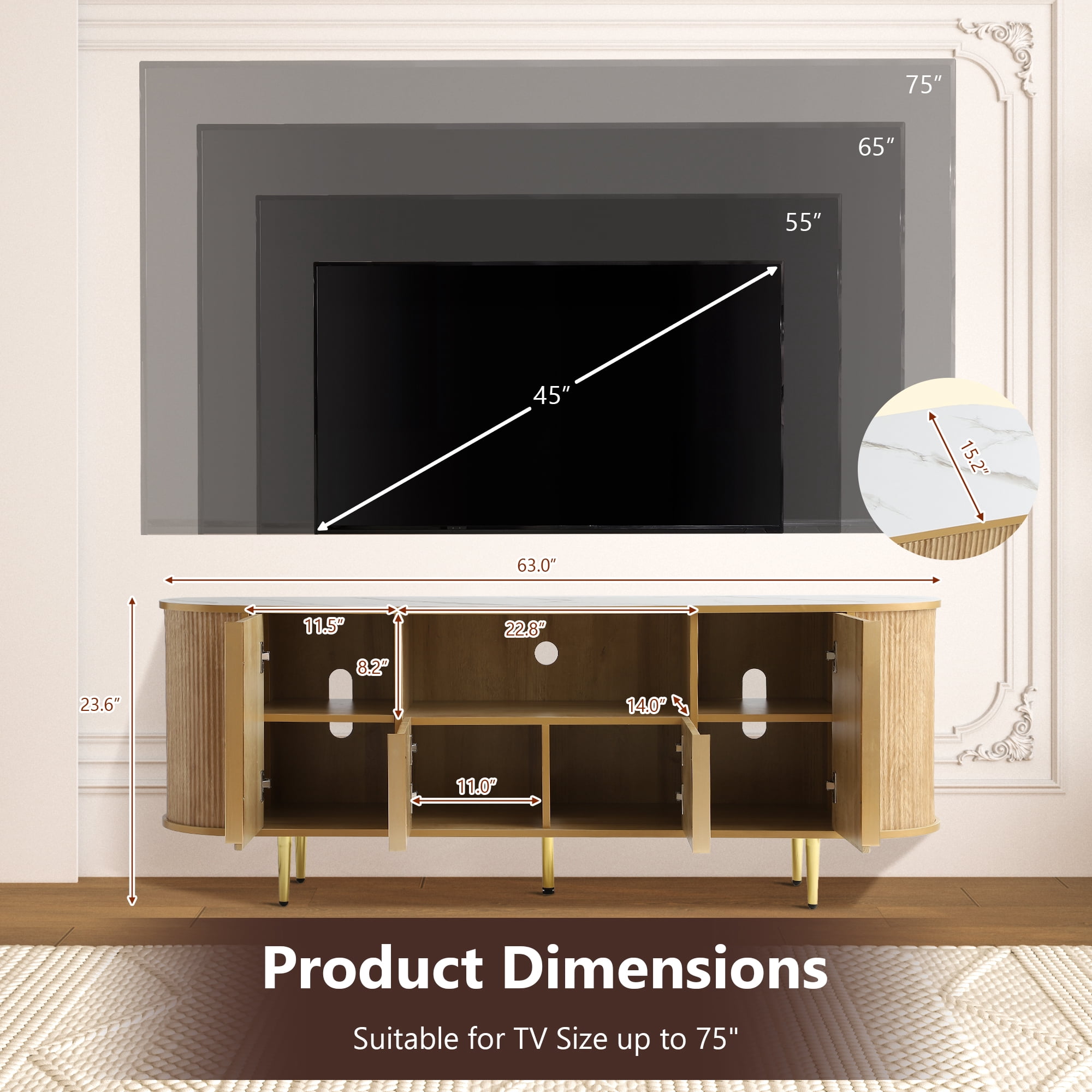 Magic Union 63" TV Stands, Fluted Modern Mid Century Entertainment Center Console for 55/60/65/70/75 inches TVs, Curved TV Stand with Open Storage & Side Cabinets, Living Room, Bedroom furniture