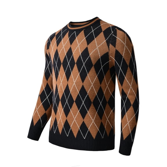 Men's Knitted Argyle Pullover Crewneck Sweater Vintage Thermal