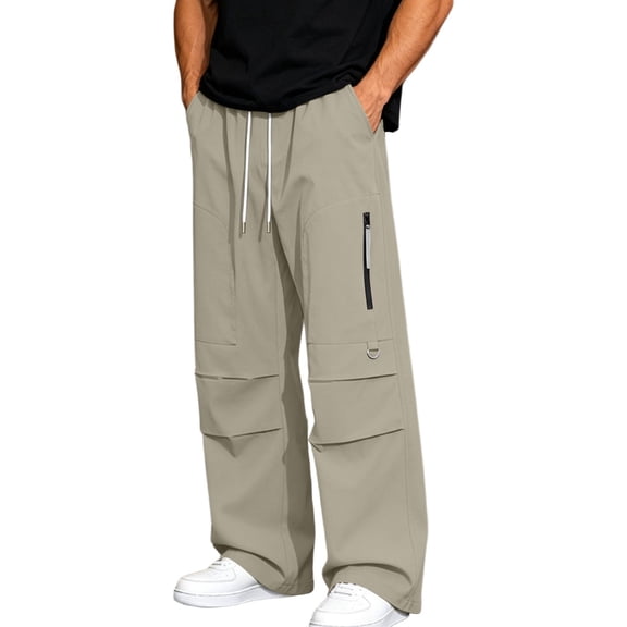 QQZ Wide Leg Cargo Pants For Men, Elastic Drawstring Casual Jogger Pants For Daily Walking Travel Weekend Wear