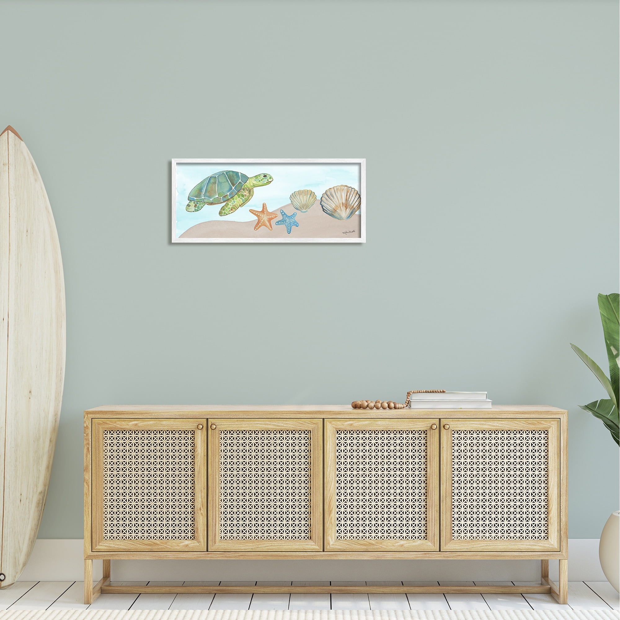 Stupell Industries Green Turtle Swimming Starfish Shells Sea Life Painting White Framed Art Print Wall Art, Design by Katie Doucette