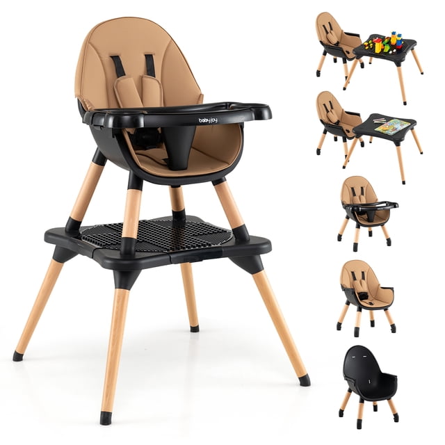 Chaise Haute pour Bébé Réglable, Chaise de Repas pour Bébé Convertible avec Siège Coussiné, Ceinture à 5 Points, Plateau Détachable Réglable en 4 Étapes, Convient aux Bébés de 6 à 36 Mois, Café