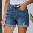 thumbnail image 2 of Olyvenn Women's Summer Casual Cuffed Denim Shorts Button Fly Distressed Jean Shorts Dark Blue S, 2 of 7