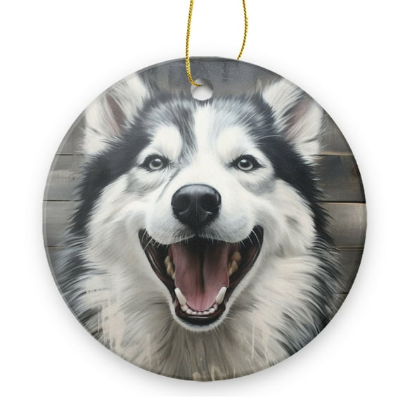 Black And White Husky Dog With Open Mouth - Christmas Ornament Xmas Keepsake Ceramic Ornaments Holiday Decorations for Tree Christmas Gift Ideas 2.95in