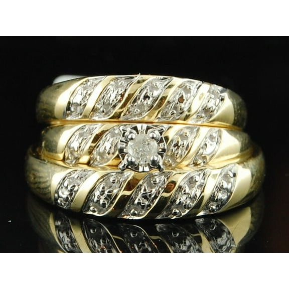 Diamond Trio Set 14K Yellow Gold Matching Engagement Ring Wedding Band 0.07 Ct.