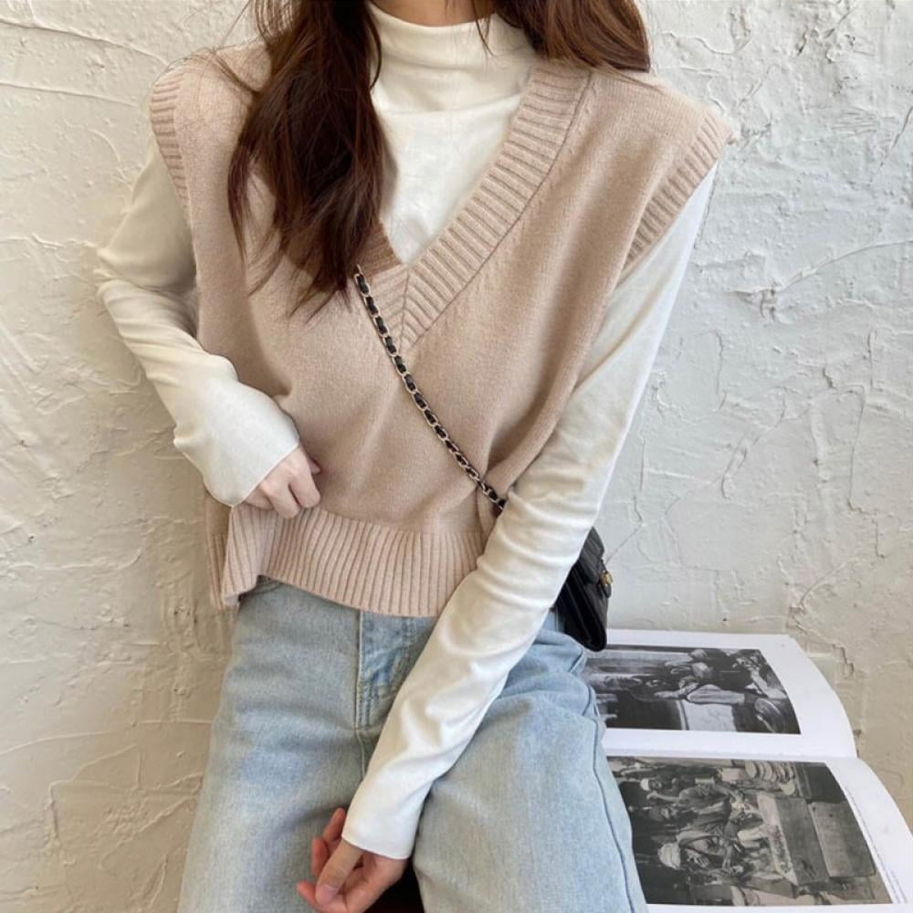 Lovegab Women's V-Neck Knit Sweater Vest Solid Color Plaid Korean
