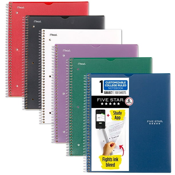 Cuadernos en espiral con forma de cinco estrellas, 1 asignatura, con reglas universitarias, paquete de 6