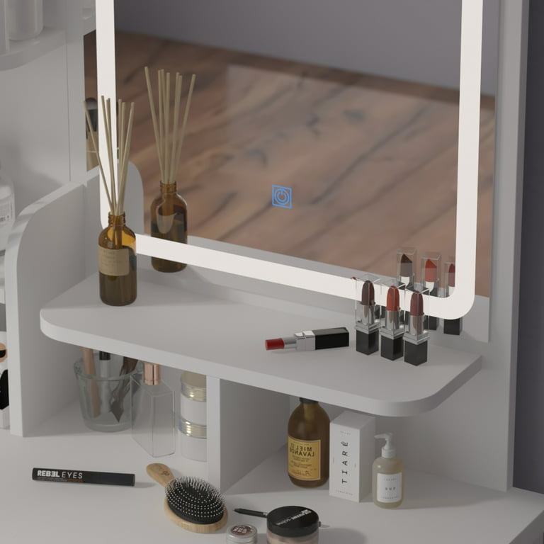 FUFU&GAGA White Makeup Vanity Set Dressing Desk with Glass Top