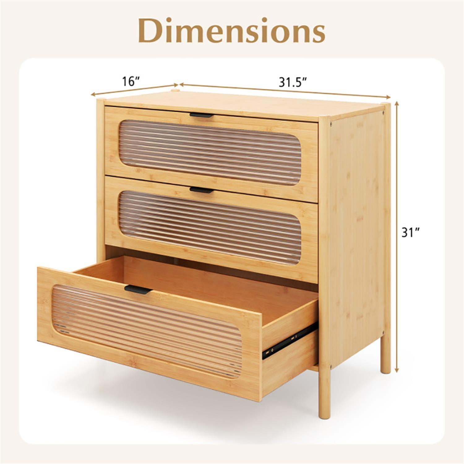 Demi Bonn 3 Drawer Dresser for Bedroom, Modern Storage Cabinet with Reeded Tempered Glass Front, Bamboo Chest of Hallway, Entryway, Beige