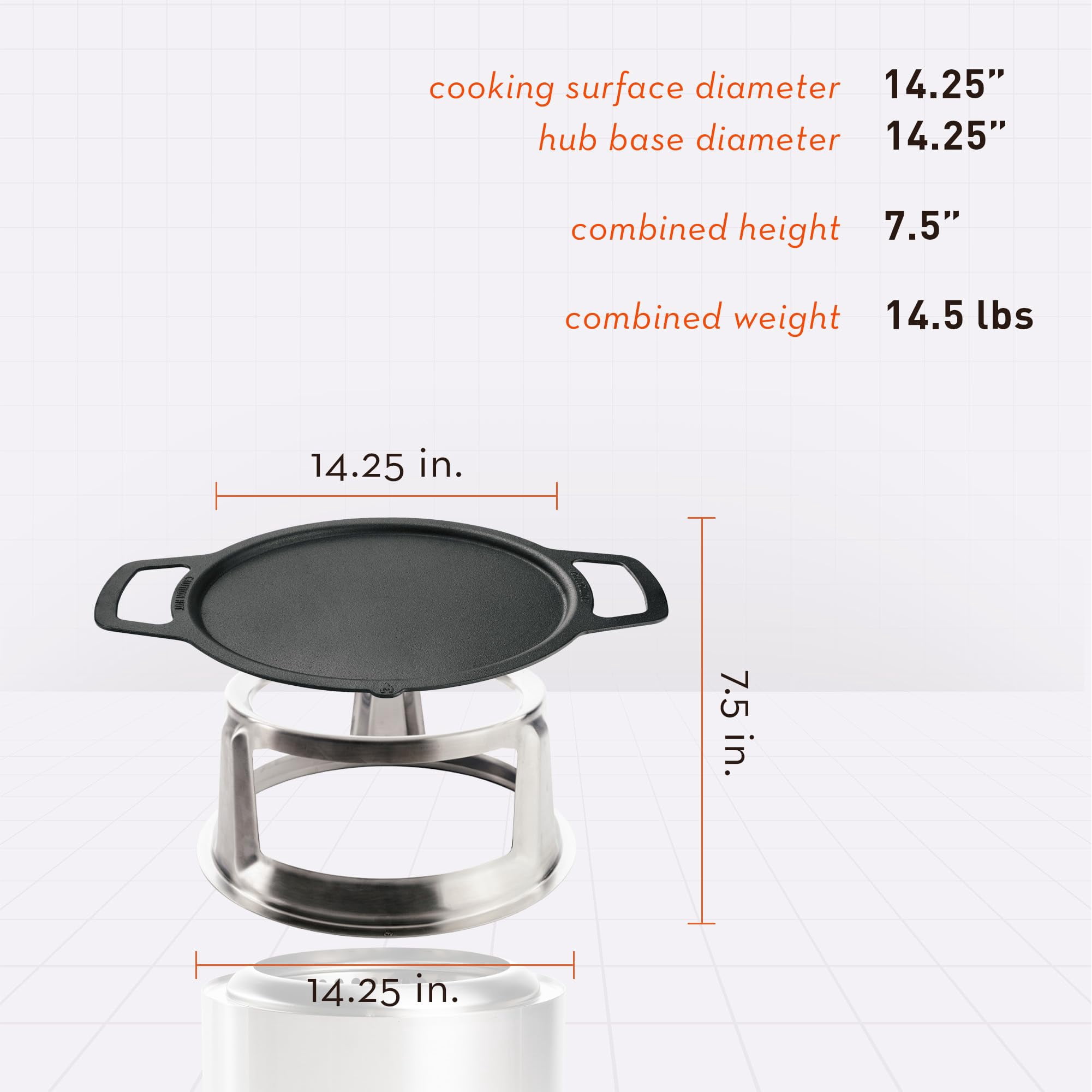 Solo Stove Ranger Griddle + Hub, Cast Iron Cookware with Stainless steel Hub for 6.5” Elevation, Addition to Ranger fire pit, Weight: 14.5lbs , Cooking surface diameter 14.25"