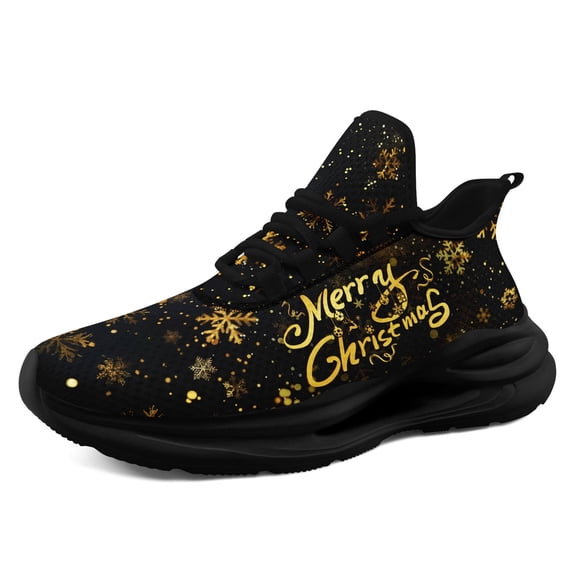 Coolcustomize Men's Merry Christmas Sneakers with Golden Snowflake Print, Low-Top Holiday Shoes, Cushioned Sole & Suspension Technology, All-Season Casual Walking Wear - Black & Golden (Ideal Gift)