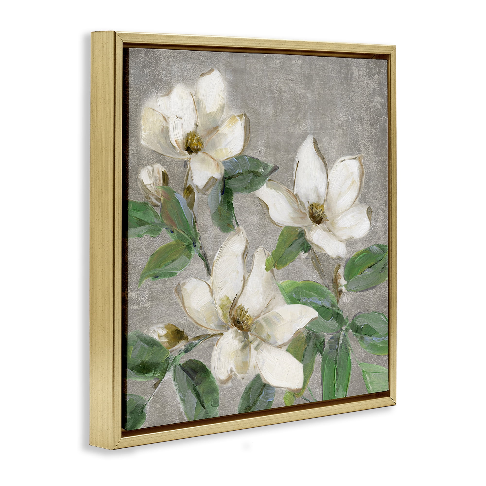 Stupell Industries Ivory Magnolias on Grey Gold Framed Floater Canvas Wall Art, design by Sally Swatland