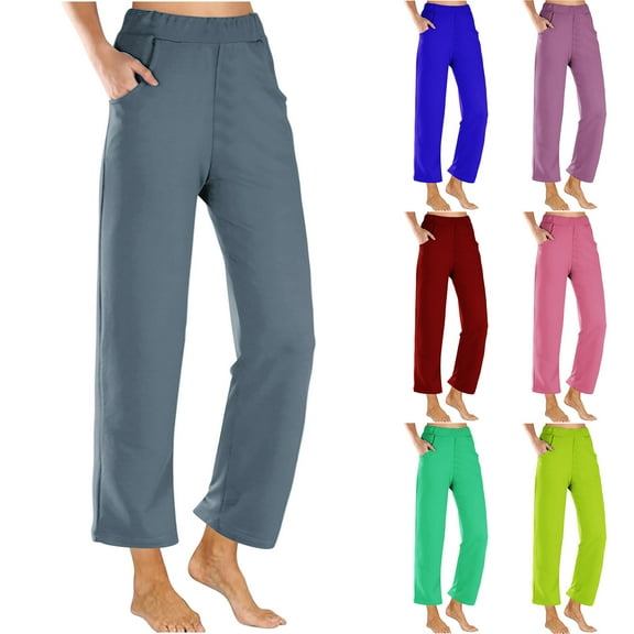 Sakmal Wide Leg Women's Capri Pants Elastic Waist Athletic Pants Lightweight Solid Spring Capris for Women L
