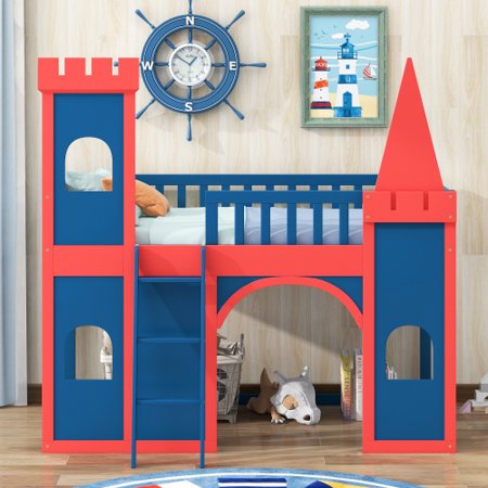 Twin Size Castle Shaped Loft Bed with Underbed Storage Space Solid Pine Wood bed Bedframe with Ladder and Fence Shaped Guardrail for Kids Teens No Spring Box Required