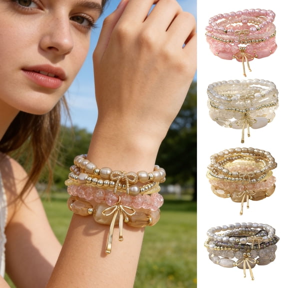 1 Set Bohemian Beaded Bracelets for Women Bow Knot Charm Holiday Bracelets Stackable Stretch Bracelets for Beach Summer Vacation Party