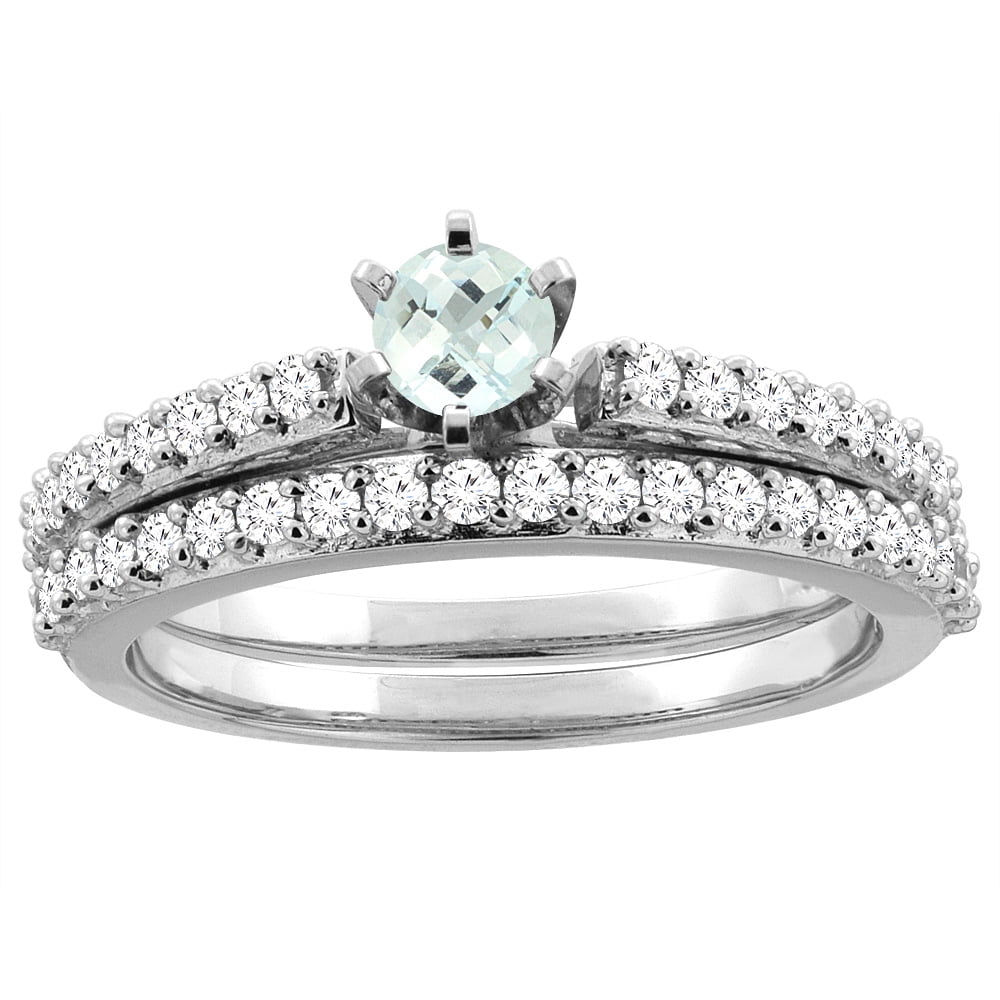 14K White Gold Natural Aquamarine 2-piece Bridal Ring Set Round 4mm, size 5.5 by Gabriella Gold