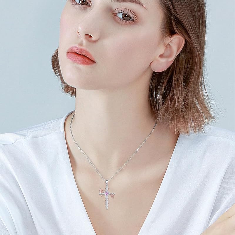 DVEATR Hummingbird/Butterfly Cross Necklace for Women 925 Sterling Silver Hummingbird Cross Necklace with Birthstone Animal Pendant daintyJewelry Gift for Women.
