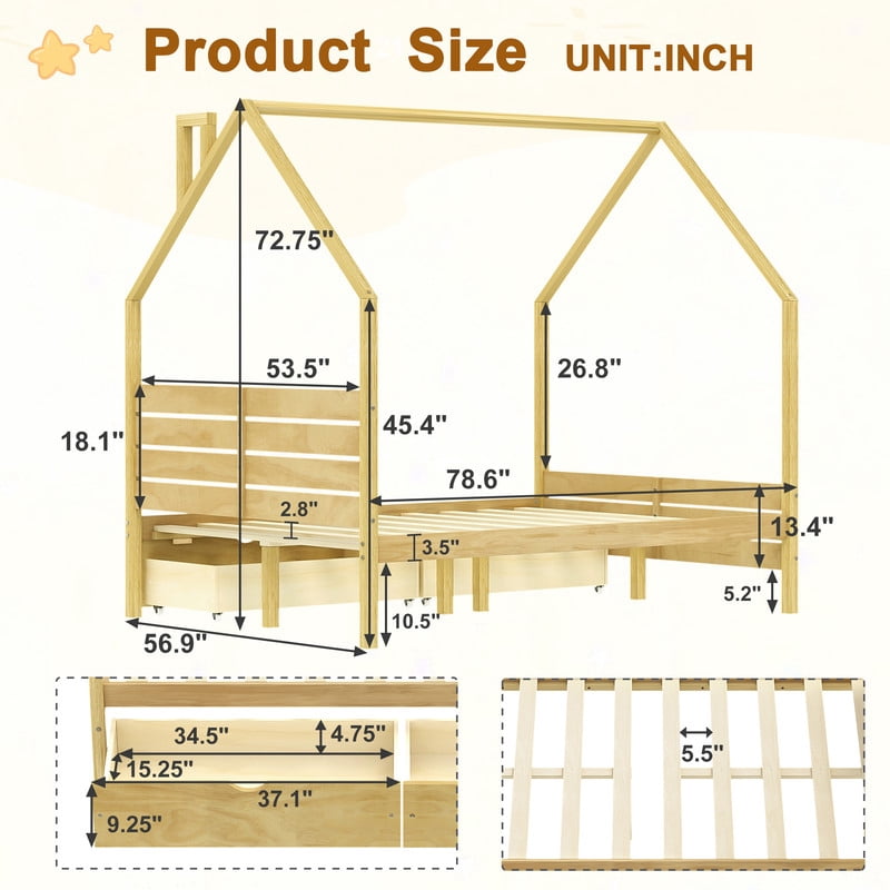 Full Size Kids House Bed Frame, Montessori Child Floor Bed with 2 Storage Drawers, Wooden Low Profile Platform Bed