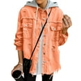 thumbnail image 5 of Women's Oversized Denim Jacket with Hood Long Sleeve Button Up Jean Jackets Frayed Hem Shacket Retro Western Boyfriend Coat, 5 of 6
