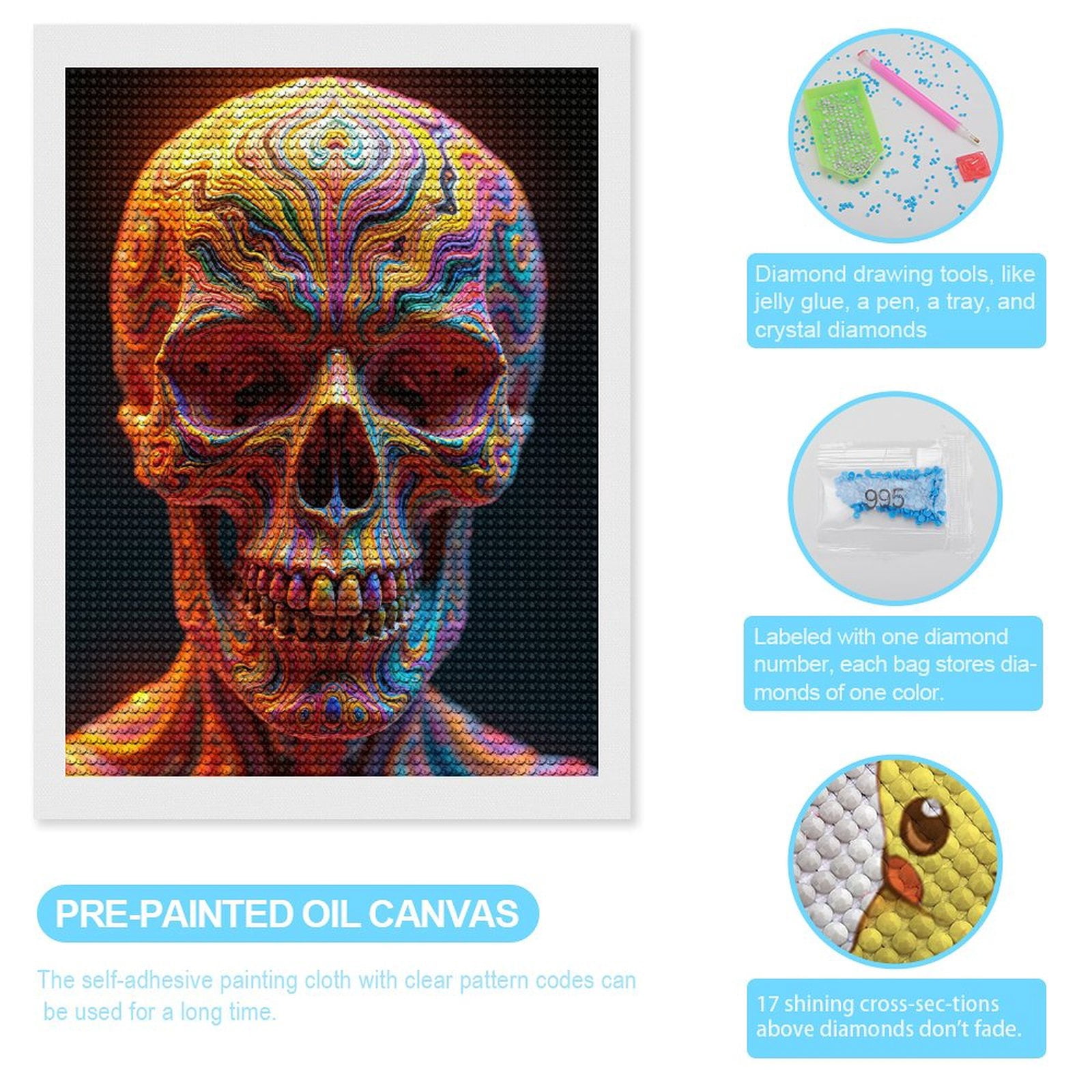 Diamond Art Kits for Adults, Colorful Abstract Vibrant Skull Art 5D Diamond Painting Kits for Adults Beginners, DIY Full Drill Diamond Painting, Gem Art and Crafts 12x16