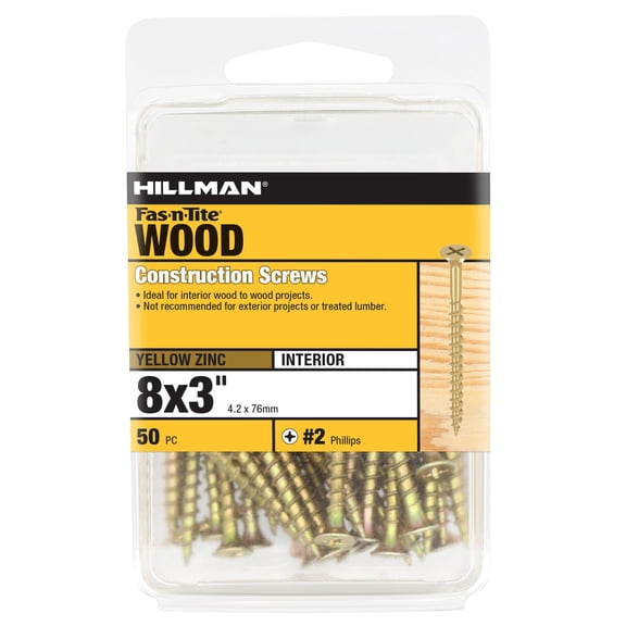 Hillman Wood Construction Screws, #8 x 3", Steel, Yellow Zinc Finish, Interior, Phillips, Gold, 50 pack