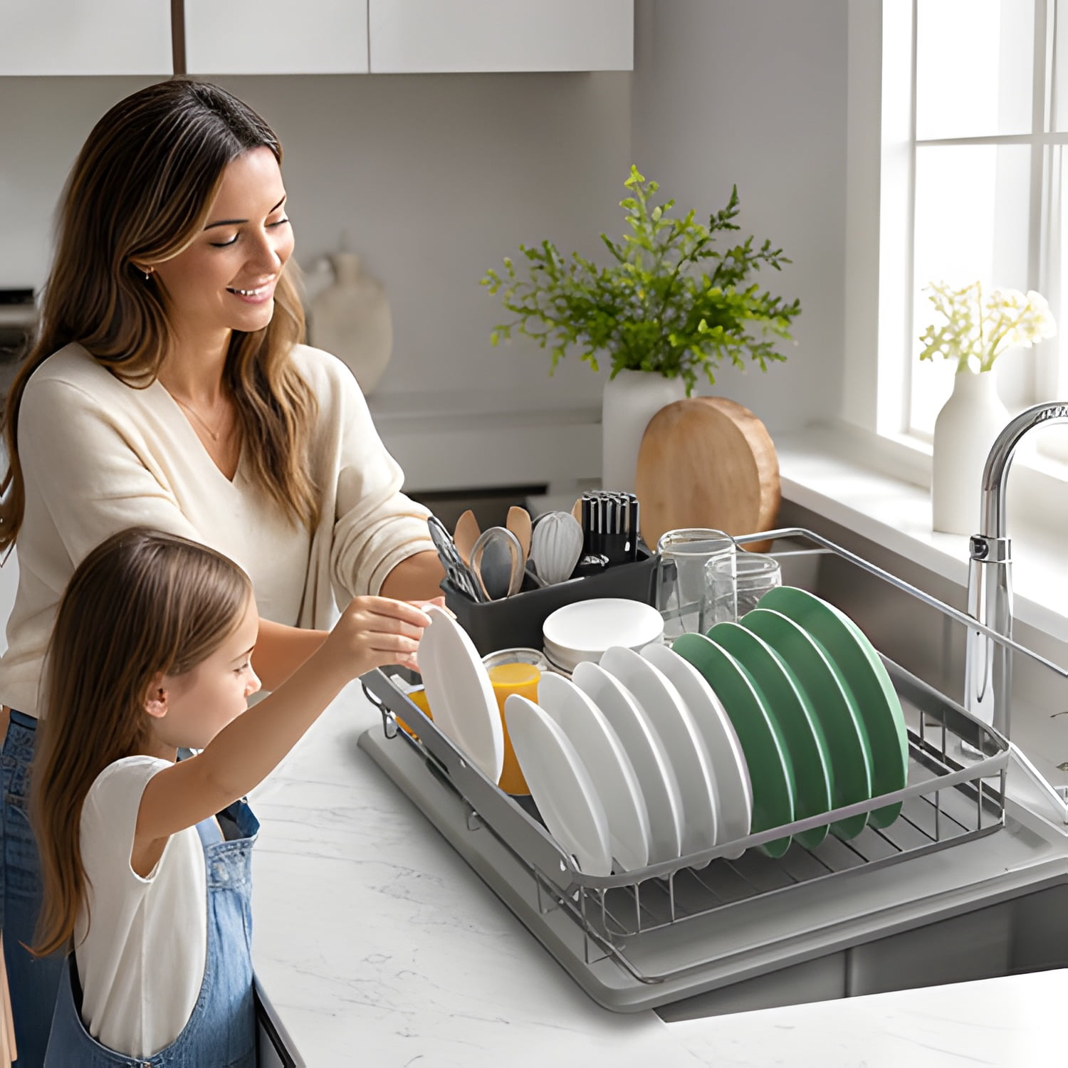 Dish Drying Rack for Kitchen Counter, Stainless Steel Sink Organization and Storage Essentials with Cutlery Holder, Home and Appartment Decor, 12.2"W x 15.7"~23"L