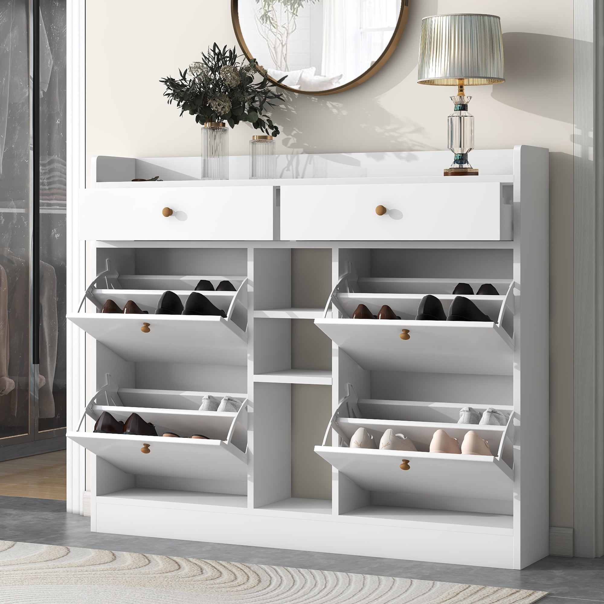 Aukfa Modern 4 Flip Drawers Shoe Cabinet for Entryway Free Standing Shoe Organizer - White