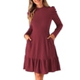 thumbnail image 1 of INSPIRE CHIC Vestido de Suéter para Mujer con Cuello Redondo, Manga Larga Abullonada, Bolsillos Laterales, Color Sólido, Talla S, Vino, 1 of 6