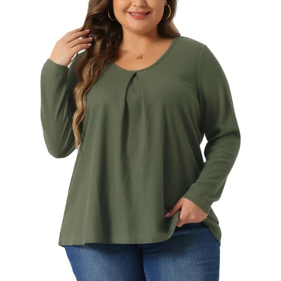 DARING DIVA Women's Plus Crew Neck Pleat Front Long Sleeve Top 1X Army Green