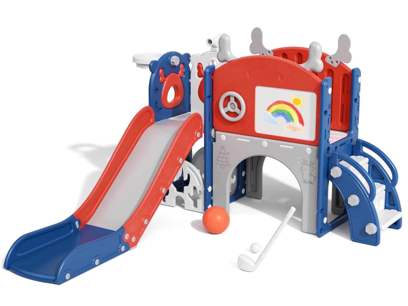 KORIMEFA 11 in 1 Toddler Slide, Kid Slide for Toddlers Age 1-3 with Golf Set, Ring Toss, Basketball Hoop, Drawing Board and Telescope, Indoor Outdoor Playset Playground, Blue Red